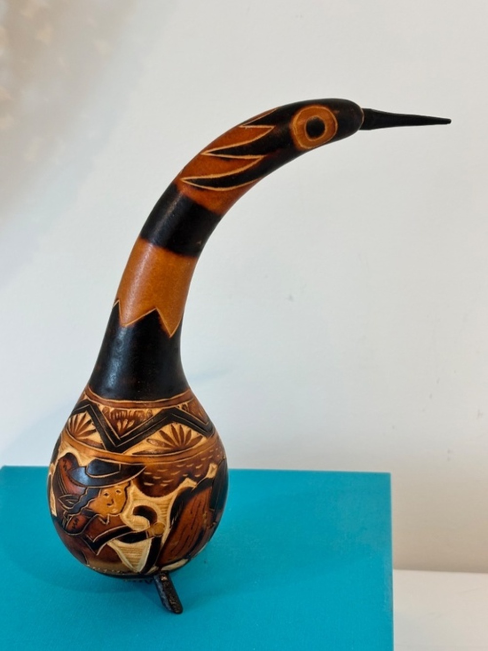 Vintage Peruvian gourd bird hand carved & painted traditional folk art 8" tall